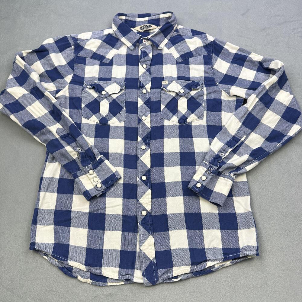 Salt Valley Western Shirt Mens Medium Blue Plaid Flannel Snap Front Long Sleeve